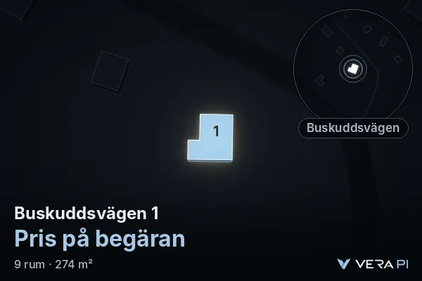VERA PI's image of Buskuddsvägen 1: the building in 3D, lit in blue, and the map around it