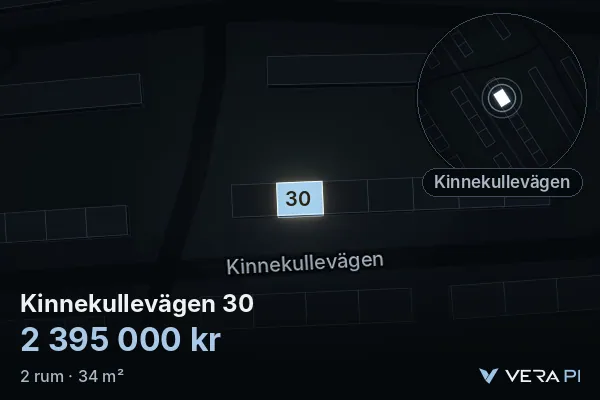VERA PI:s bild av Kinnekullevägen 30: huset i 3D, upplyst i blått, och kartan runt omkring