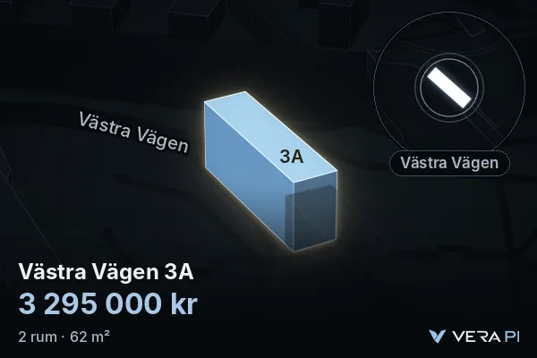VERA PI:s bild av Västra Vägen 3A: huset i 3D, upplyst i blått, och kartan runt omkring