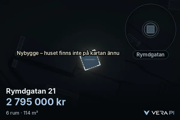 VERA PI's image of Rymdgatan 21: the building in 3D, lit in blue, and the map around it