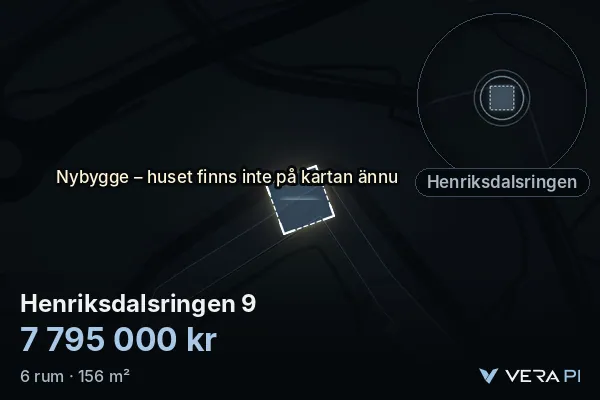 VERA PI:s bild av Henriksdalsringen 9: huset i 3D, upplyst i blått, och kartan runt omkring