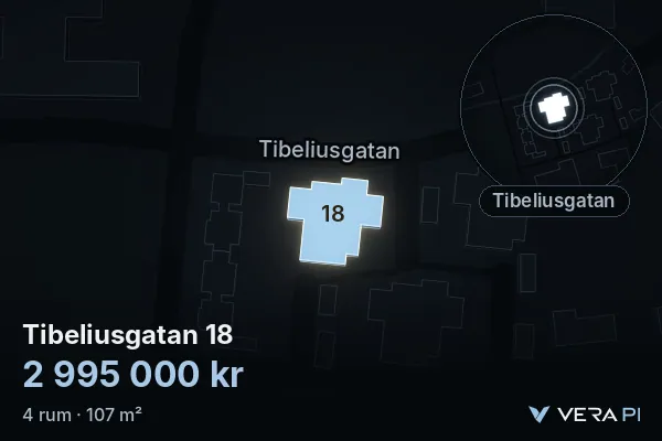 VERA PI's image of Tibeliusgatan 18: the building in 3D, lit in blue, and the map around it