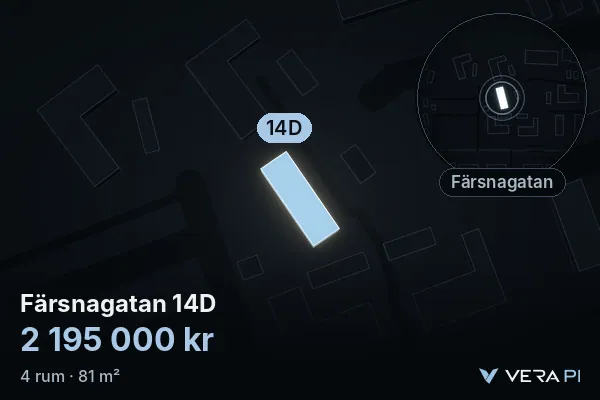 VERA PI:s bild av Färsnagatan 14D: huset i 3D, upplyst i blått, och kartan runt omkring