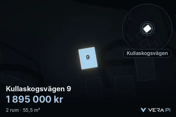 VERA PI's image of Kullaskogsvägen 9: the building in 3D, lit in blue, and the map around it