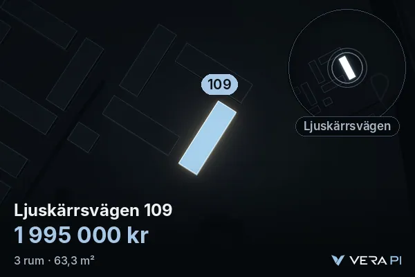 VERA PI:s bild av Ljuskärrsvägen 109: huset i 3D, upplyst i blått, och kartan runt omkring