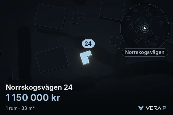 VERA PI:s bild av Norrskogsvägen 24: huset i 3D, upplyst i blått, och kartan runt omkring