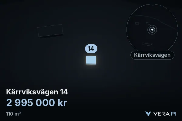 VERA PI:s bild av Kärrviksvägen 14: huset i 3D, upplyst i blått, och kartan runt omkring