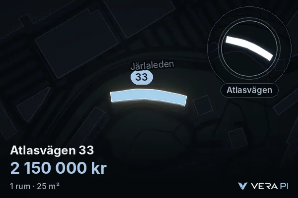 VERA PI:s bild av Atlasvägen 33: huset i 3D, upplyst i blått, och kartan runt omkring