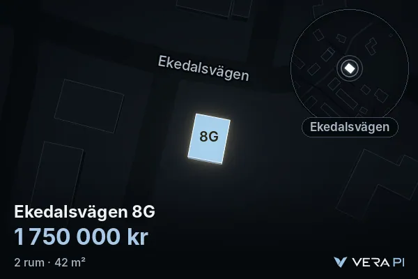 VERA PI:s bild av Ekedalsvägen 8G: huset i 3D, upplyst i blått, och kartan runt omkring