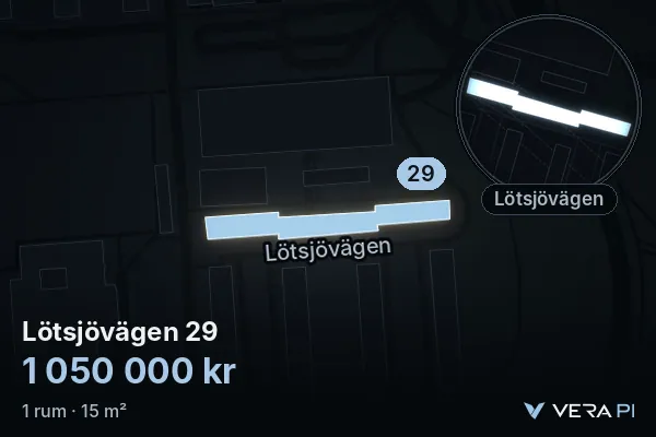 VERA PI:s bild av Lötsjövägen 29: huset i 3D, upplyst i blått, och kartan runt omkring