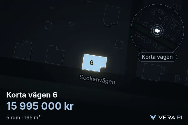 VERA PI:s bild av Korta vägen 6: huset i 3D, upplyst i blått, och kartan runt omkring
