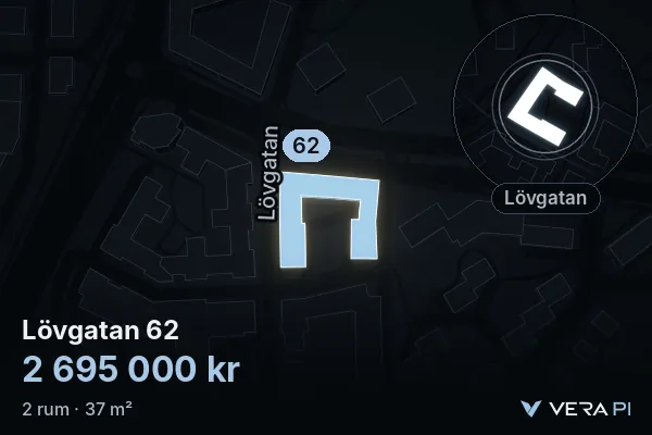 VERA PI's image of Lövgatan 62: the building in 3D, lit in blue, and the map around it