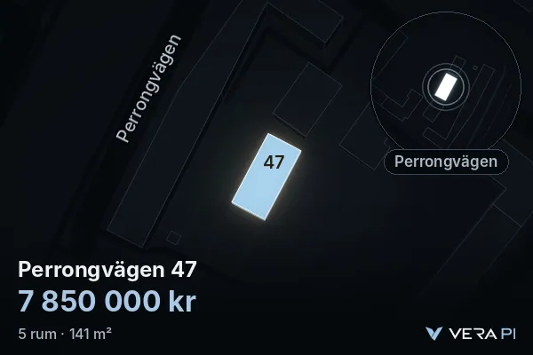 VERA PI:s bild av Perrongvägen 47: huset i 3D, upplyst i blått, och kartan runt omkring