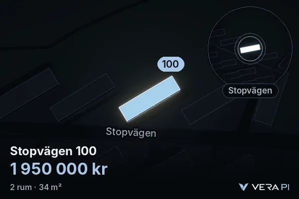 VERA PI:s bild av Stopvägen 100: huset i 3D, upplyst i blått, och kartan runt omkring