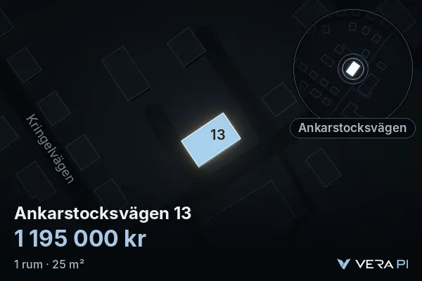 VERA PI:s bild av Ankarstocksvägen 13: huset i 3D, upplyst i blått, och kartan runt omkring