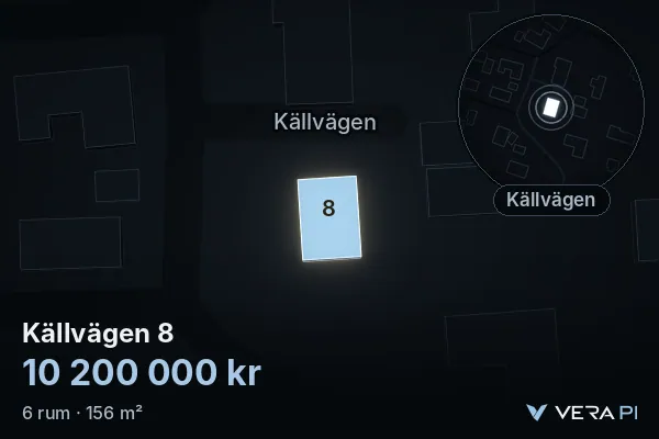 VERA PI:s bild av Källvägen 8: huset i 3D, upplyst i blått, och kartan runt omkring