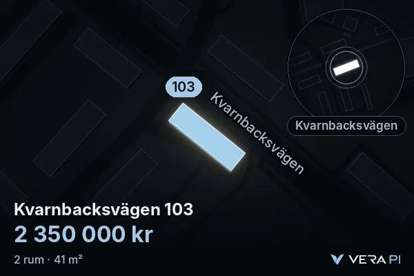VERA PI:s bild av Kvarnbacksvägen 103: huset i 3D, upplyst i blått, och kartan runt omkring