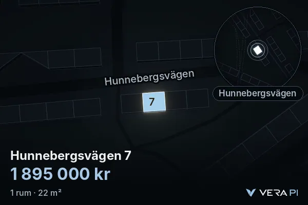 VERA PI:s bild av Hunnebergsvägen 7: huset i 3D, upplyst i blått, och kartan runt omkring
