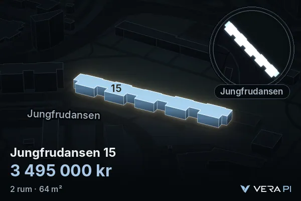 VERA PI:s bild av Jungfrudansen 15: huset i 3D, upplyst i blått, och kartan runt omkring