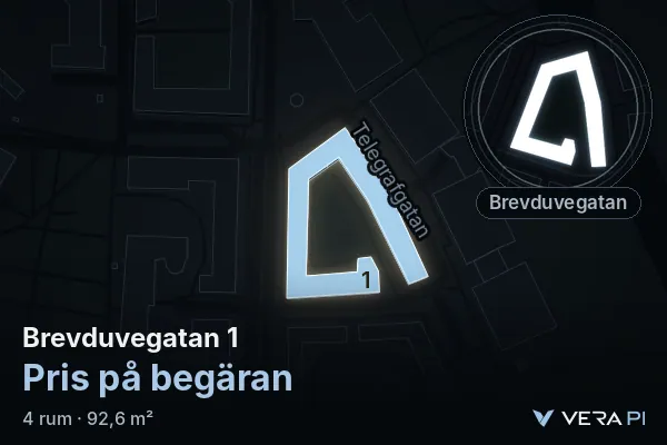 VERA PI:s bild av Brevduvegatan 1: huset i 3D, upplyst i blått, och kartan runt omkring