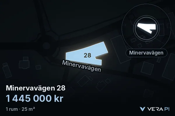 VERA PI's image of Minervavägen 28: the building in 3D, lit in blue, and the map around it