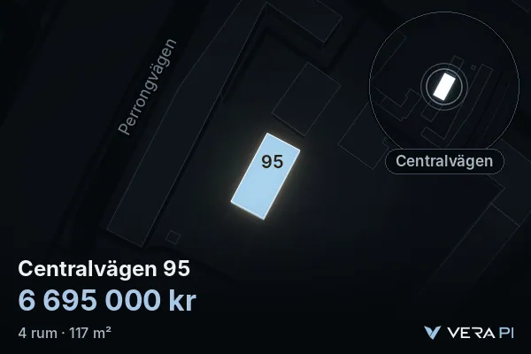 VERA PI:s bild av Centralvägen 95: huset i 3D, upplyst i blått, och kartan runt omkring