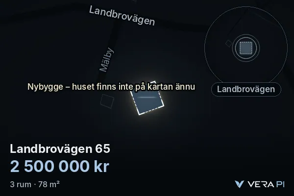 VERA PI's image of Landbrovägen 65: the building in 3D, lit in blue, and the map around it