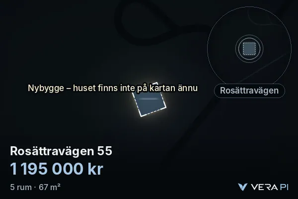 VERA PI's image of Rosättravägen 55: the building in 3D, lit in blue, and the map around it