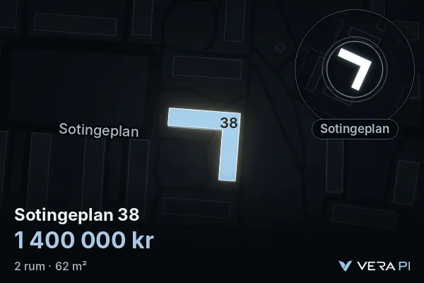 VERA PI:s bild av Sotingeplan 38: huset i 3D, upplyst i blått, och kartan runt omkring