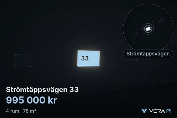 VERA PI's image of Strömtäppsvägen 33: the building in 3D, lit in blue, and the map around it