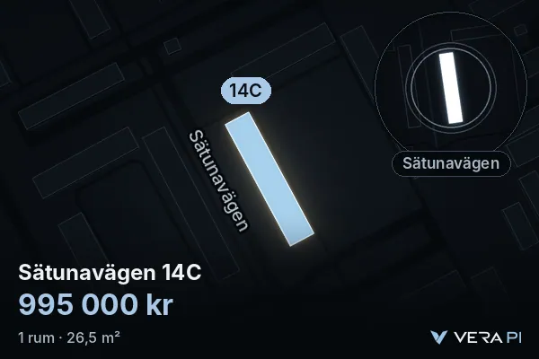 VERA PI:s bild av Sätunavägen 14C: huset i 3D, upplyst i blått, och kartan runt omkring