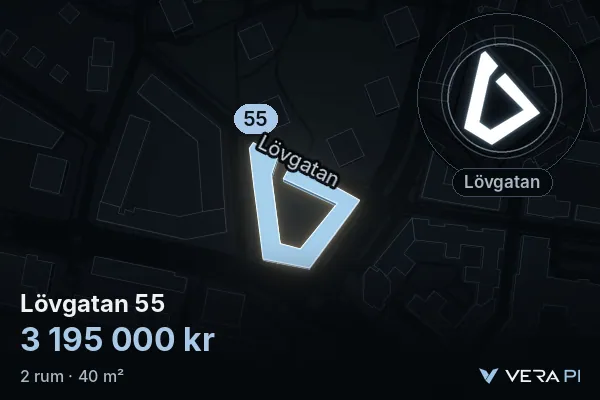 VERA PI's image of Lövgatan 55: the building in 3D, lit in blue, and the map around it