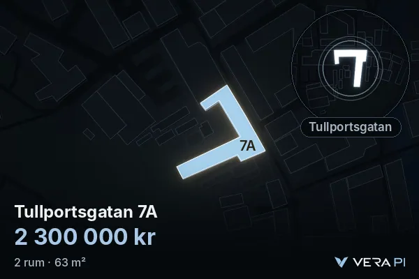 VERA PI's image of Tullportsgatan 7A: the building in 3D, lit in blue, and the map around it