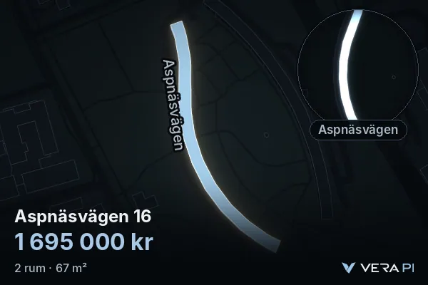 VERA PI's image of Aspnäsvägen 16: the building in 3D, lit in blue, and the map around it