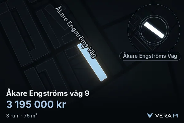 VERA PI:s bild av Åkare Engströms väg 9: huset i 3D, upplyst i blått, och kartan runt omkring