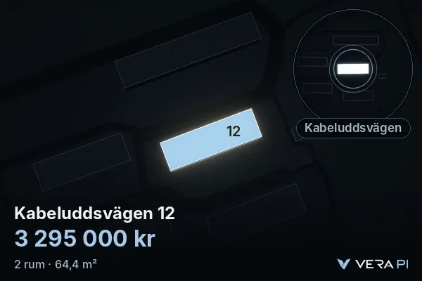 VERA PI:s bild av Kabeluddsvägen 12: huset i 3D, upplyst i blått, och kartan runt omkring