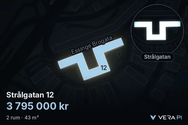 VERA PI:s bild av Strålgatan 12: huset i 3D, upplyst i blått, och kartan runt omkring