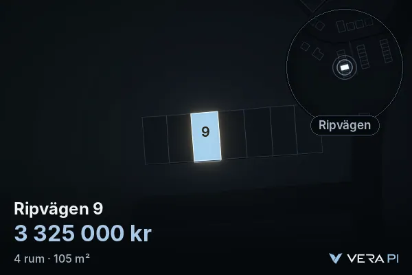 VERA PI's image of Ripvägen 9: the building in 3D, lit in blue, and the map around it