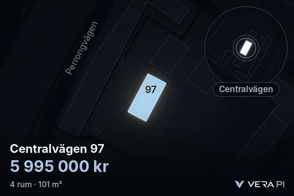 VERA PI:s bild av Centralvägen 97: huset i 3D, upplyst i blått, och kartan runt omkring