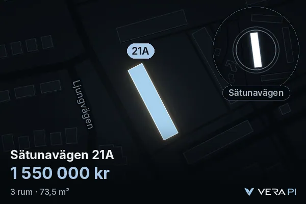 VERA PI:s bild av Sätunavägen 21A: huset i 3D, upplyst i blått, och kartan runt omkring