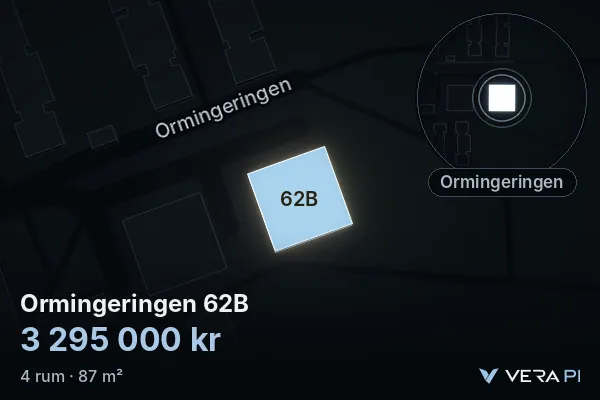 VERA PI:s bild av Ormingeringen 62B: huset i 3D, upplyst i blått, och kartan runt omkring