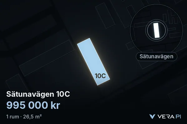VERA PI's image of Sätunavägen 10C: the building in 3D, lit in blue, and the map around it