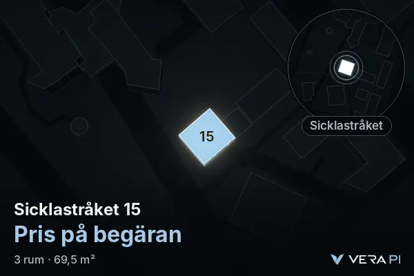 VERA PI:s bild av Sicklastråket 15: huset i 3D, upplyst i blått, och kartan runt omkring