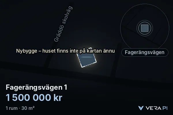 VERA PI's image of Fagerängsvägen 1: the building in 3D, lit in blue, and the map around it