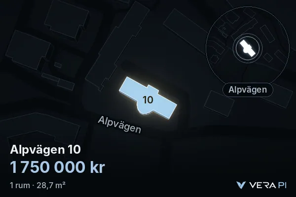 VERA PI:s bild av Alpvägen 10: huset i 3D, upplyst i blått, och kartan runt omkring