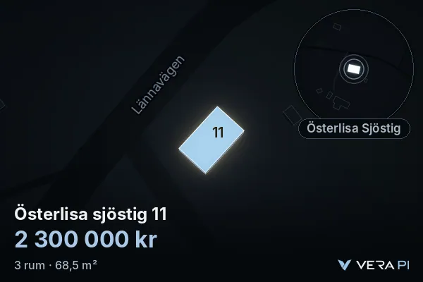 VERA PI's image of Österlisa sjöstig 11: the building in 3D, lit in blue, and the map around it