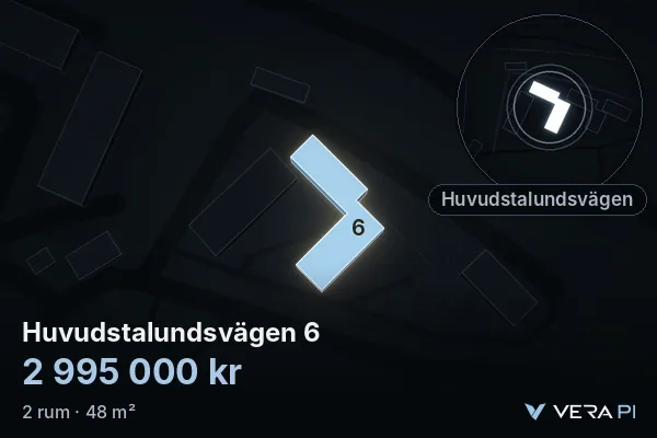 VERA PI:s bild av Huvudstalundsvägen 6: huset i 3D, upplyst i blått, och kartan runt omkring