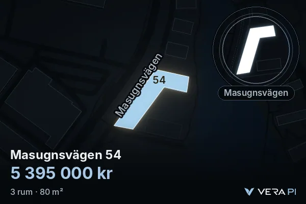 VERA PI:s bild av Masugnsvägen 54: huset i 3D, upplyst i blått, och kartan runt omkring