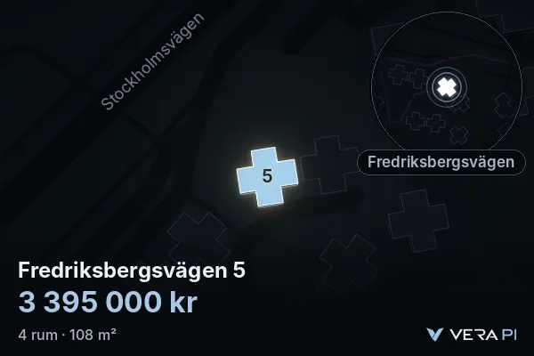 VERA PI's image of Fredriksbergsvägen 5: the building in 3D, lit in blue, and the map around it
