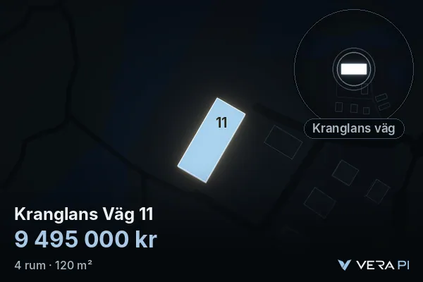 VERA PI:s bild av Kranglans Väg 11: huset i 3D, upplyst i blått, och kartan runt omkring